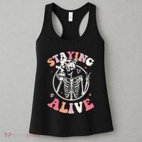 Retro Halloween Skeleton Coffee Mug Groovy Staying Alive Hippie Women's Tank Top thumb 3