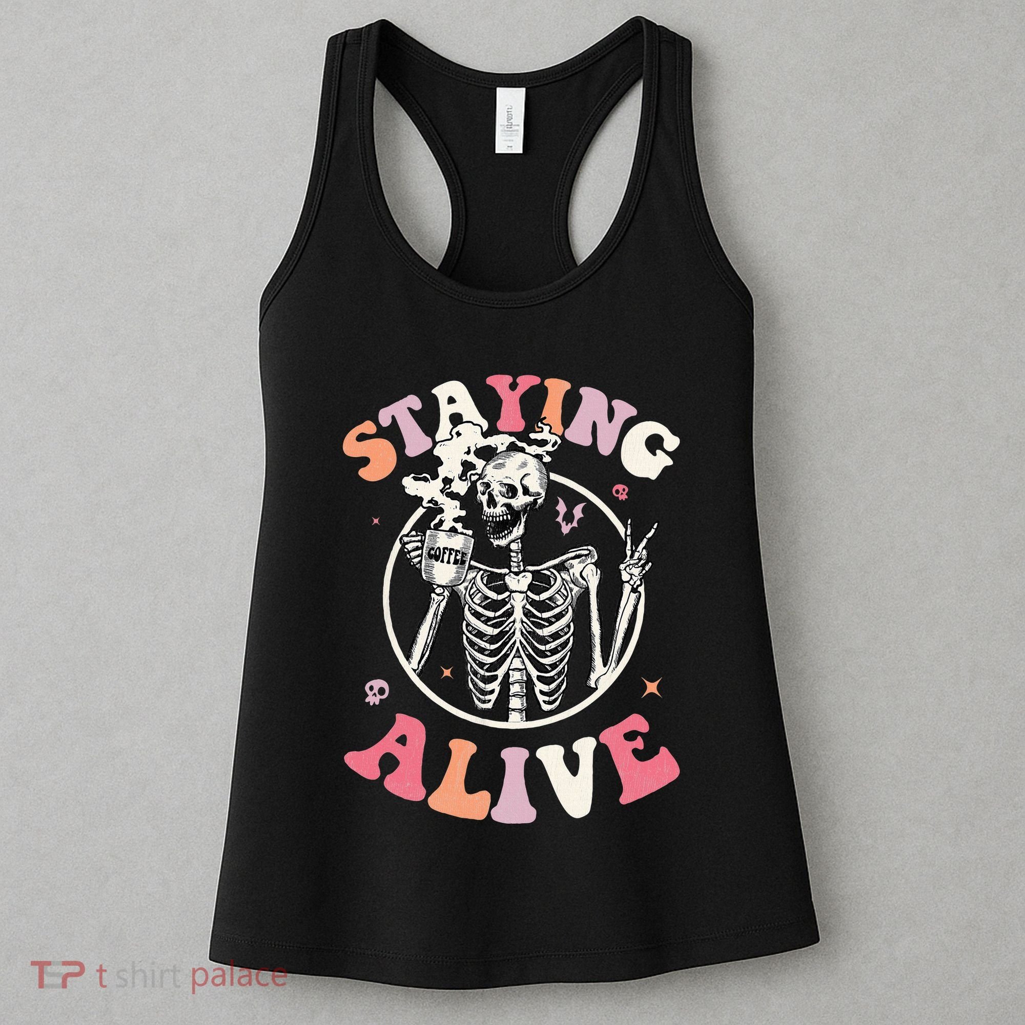 Retro Halloween Skeleton Coffee Mug Groovy Staying Alive Hippie Women's Tank Top