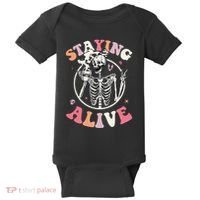 Retro Halloween Skeleton Coffee Mug Groovy Staying Alive Hippie Baby Bodysuit thumb 0