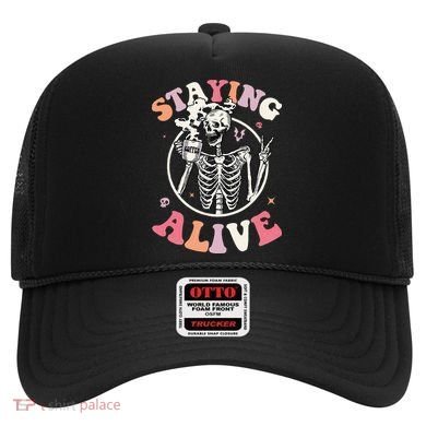 Retro Halloween Skeleton Coffee Mug Groovy Staying Alive Hippie Hat