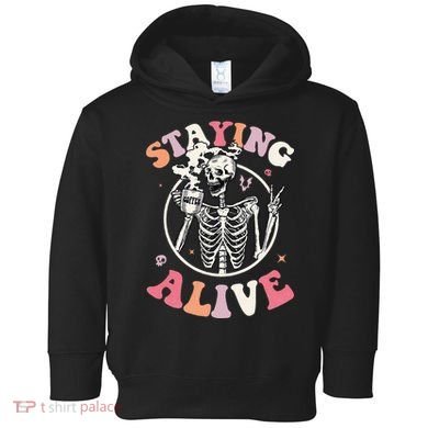 Retro Halloween Skeleton Coffee Mug Groovy Staying Alive Hippie Toddler Hoodie