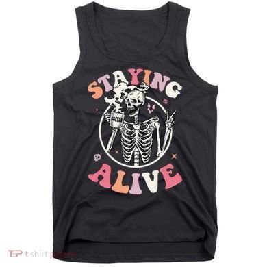 Retro Halloween Skeleton Coffee Mug Groovy Staying Alive Hippie Tank Top