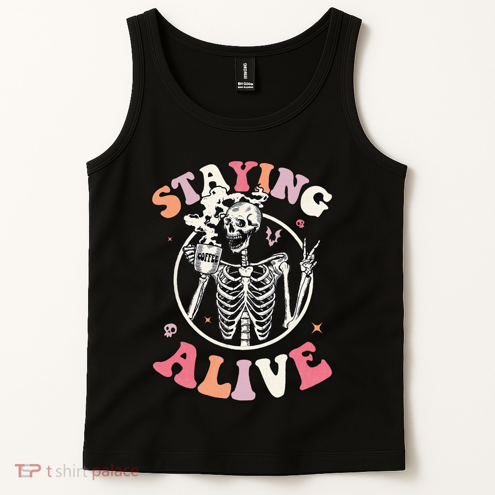 Retro Halloween Skeleton Coffee Mug Groovy Staying Alive Hippie Tank Top