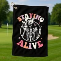 Retro Halloween Skeleton Coffee Mug Groovy Staying Alive Hippie Golf Towel thumb 1
