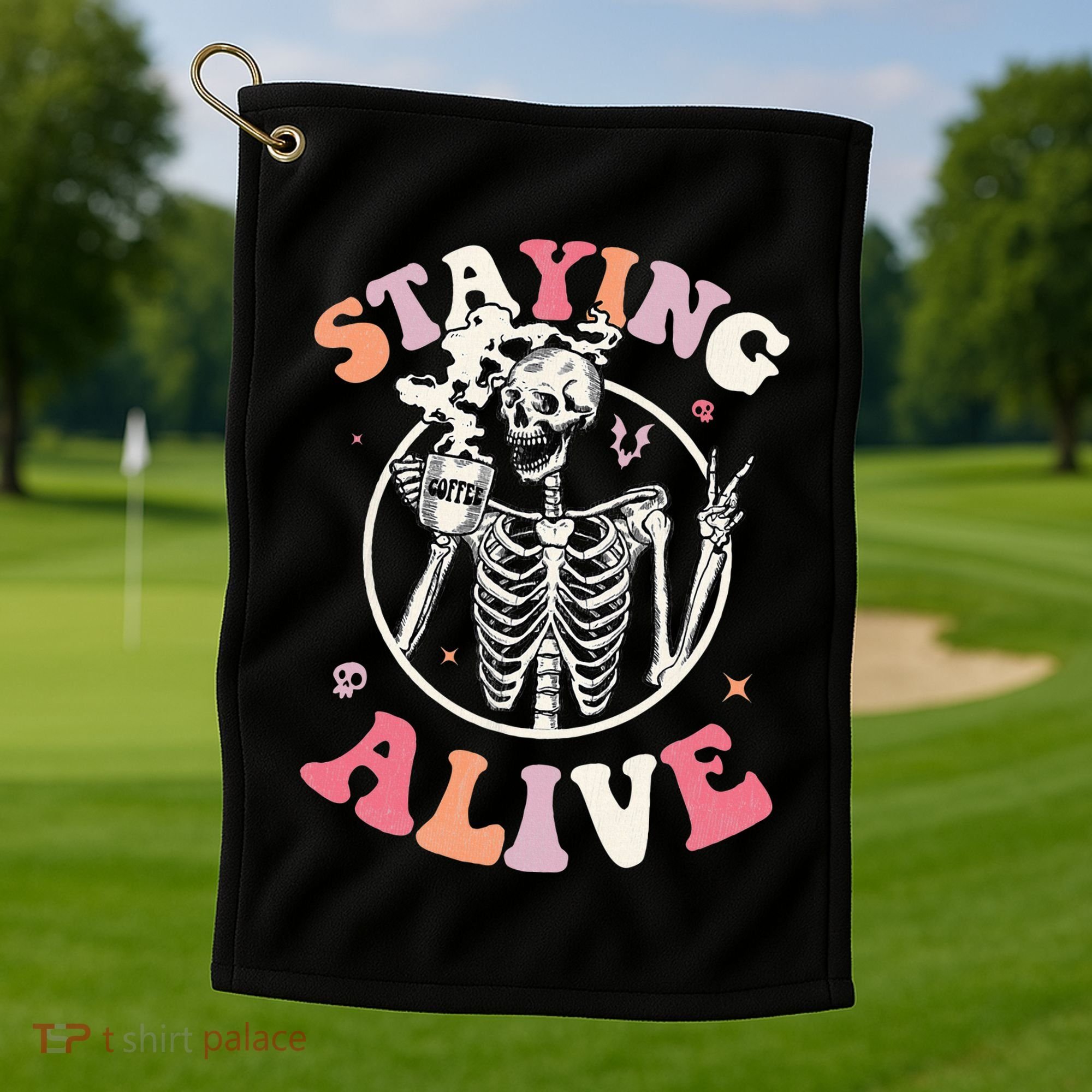 Retro Halloween Skeleton Coffee Mug Groovy Staying Alive Hippie Golf Towel