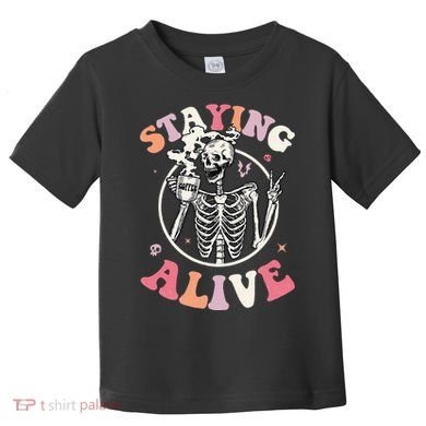 Retro Halloween Skeleton Coffee Mug Groovy Staying Alive Hippie Toddler T-Shirt