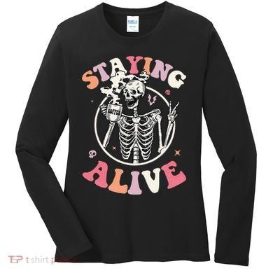 Retro Halloween Skeleton Coffee Mug Groovy Staying Alive Hippie Women's Long Sleeve Shirt