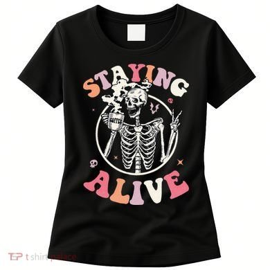 Retro Halloween Skeleton Coffee Mug Groovy Staying Alive Hippie Women's T-Shirt