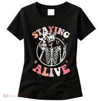 Retro Halloween Skeleton Coffee Mug Groovy Staying Alive Hippie Women's T-Shirt thumb 0