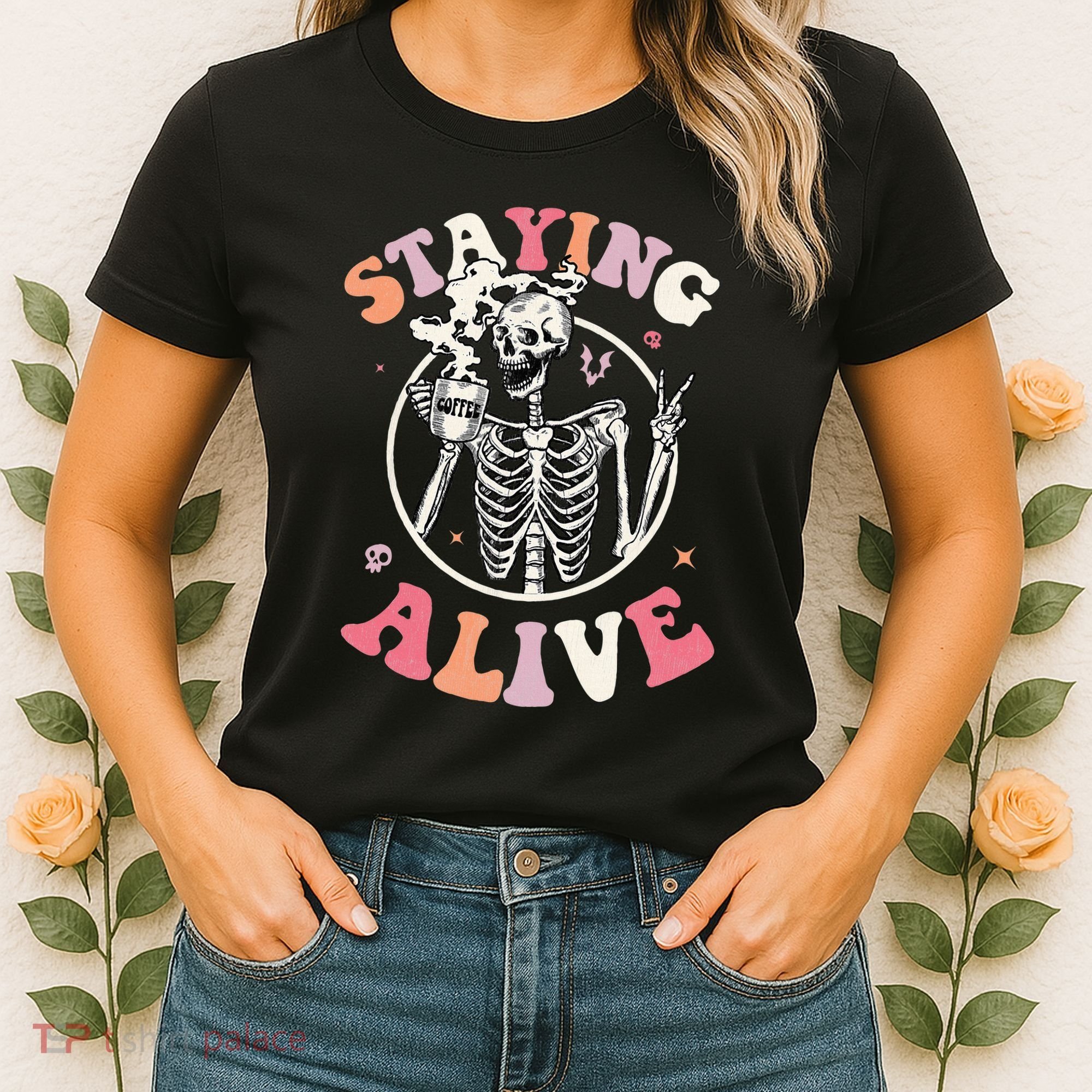 Retro Halloween Skeleton Coffee Mug Groovy Staying Alive Hippie Women's T-Shirt