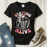 Retro Halloween Skeleton Coffee Mug Groovy Staying Alive Hippie Women's T-Shirt thumb 3