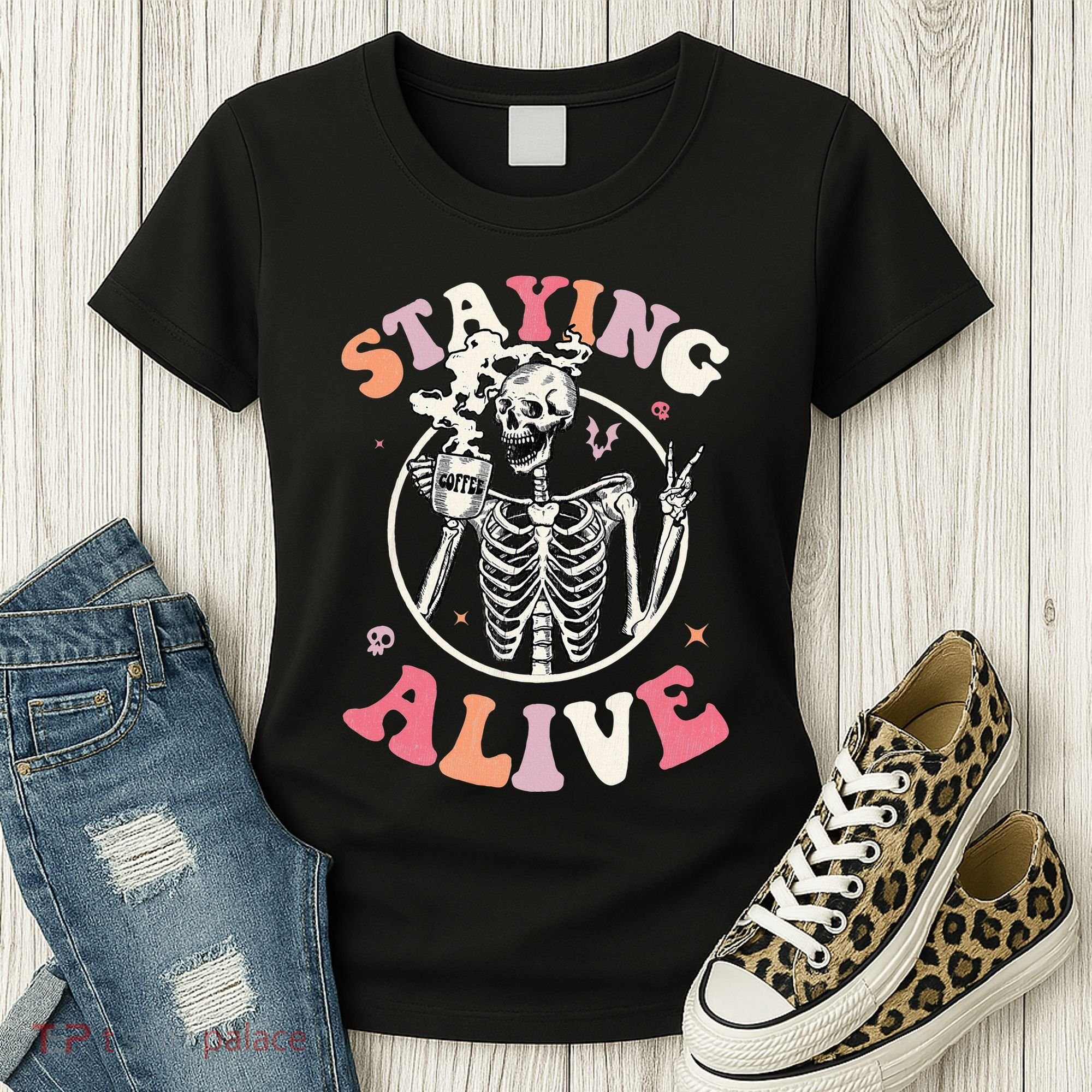 Retro Halloween Skeleton Coffee Mug Groovy Staying Alive Hippie Women's T-Shirt