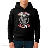 Retro Halloween Skeleton Coffee Mug Groovy Staying Alive Hippie Kids Hoodie thumb 4