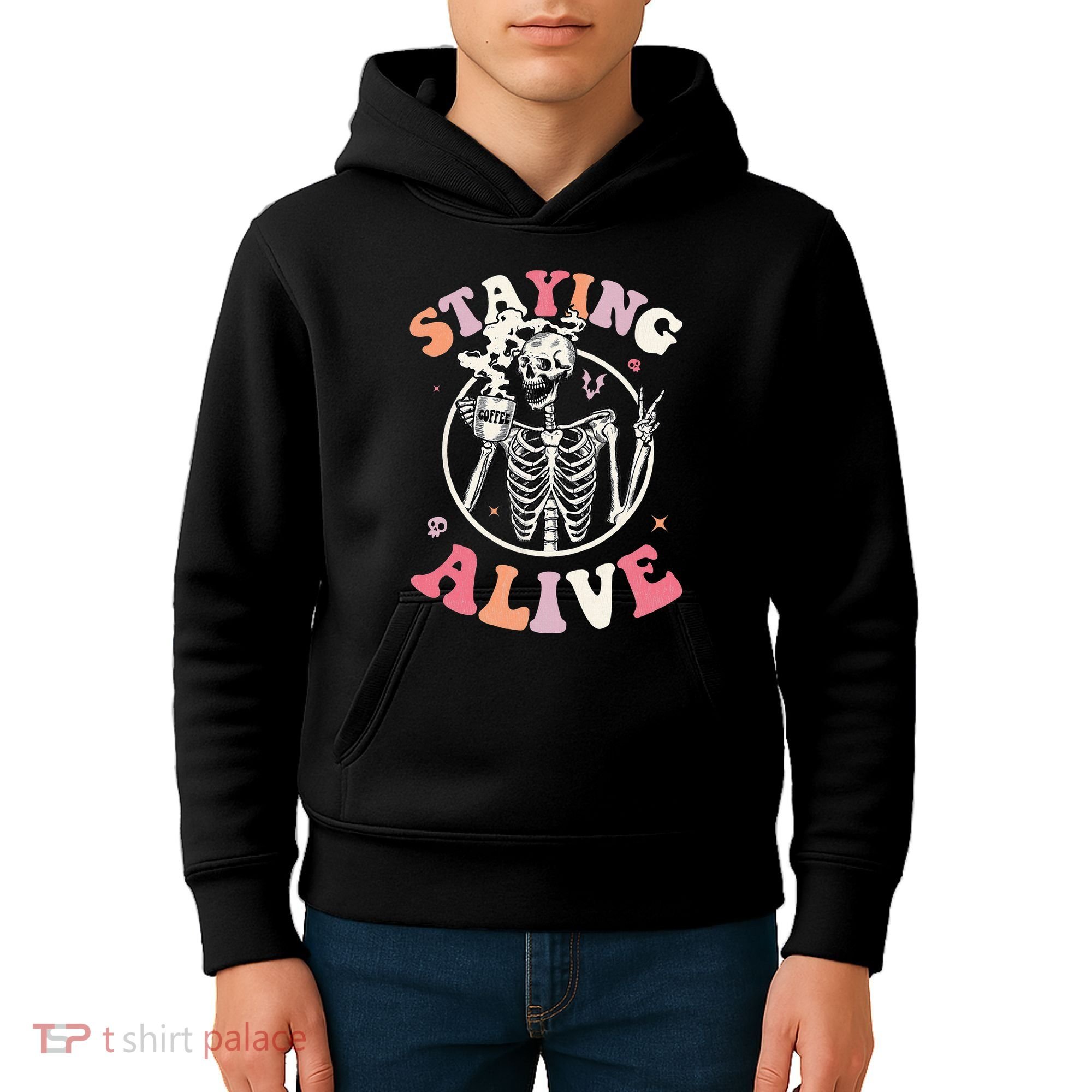 Retro Halloween Skeleton Coffee Mug Groovy Staying Alive Hippie Kids Hoodie