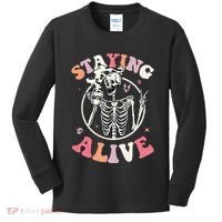 Retro Halloween Skeleton Coffee Mug Groovy Staying Alive Hippie Kids Long Sleeve Shirt thumb 0