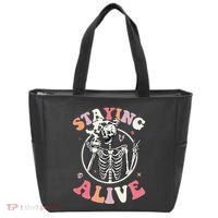 Retro Halloween Skeleton Coffee Mug Groovy Staying Alive Hippie Tote Bag thumb 0