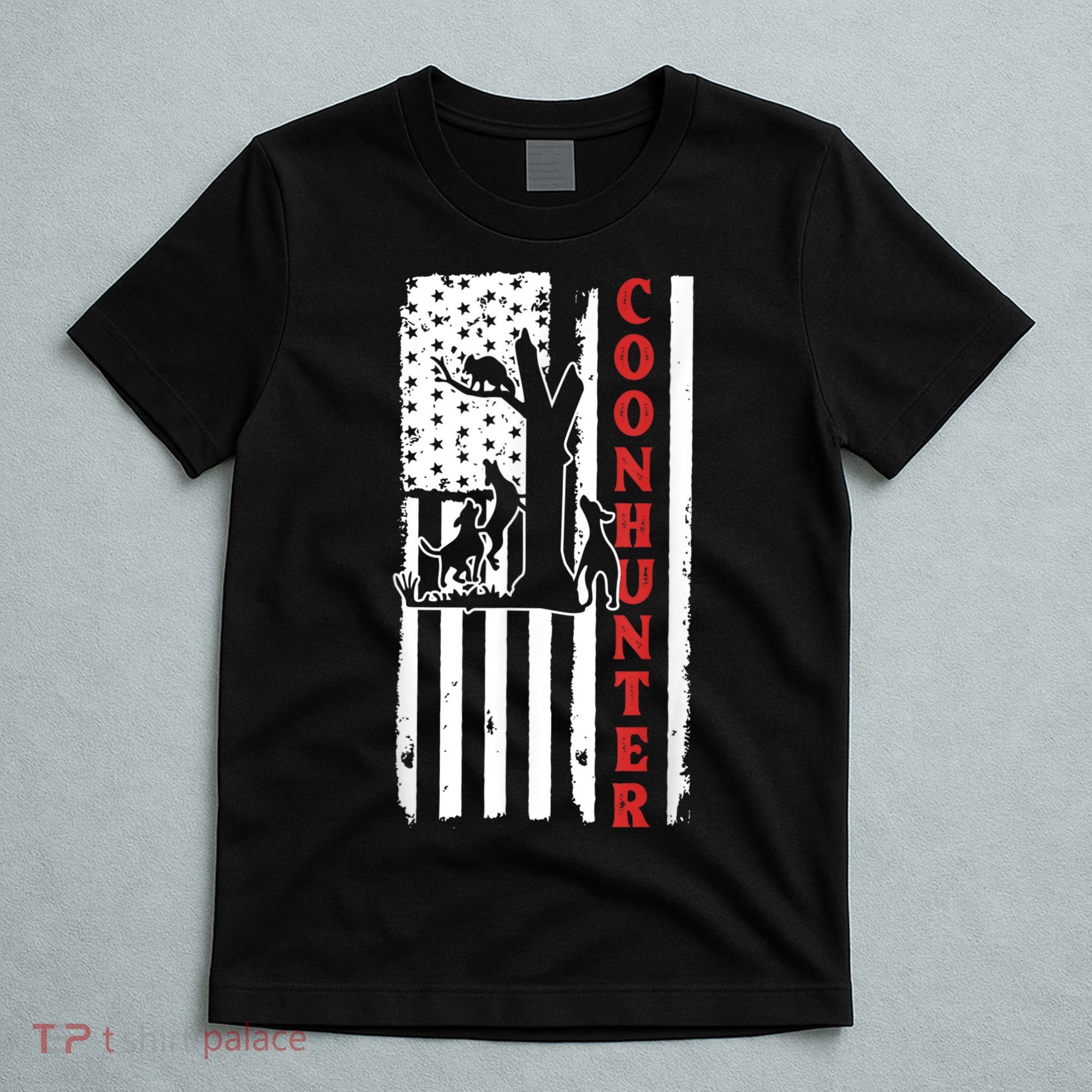 Raccoon Hunting Season USA Flag Coon Hunter T-Shirt
