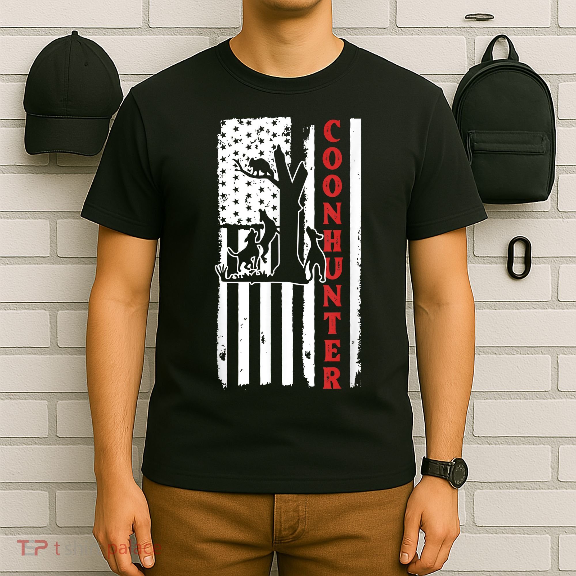 Raccoon Hunting Season USA Flag Coon Hunter T-Shirt
