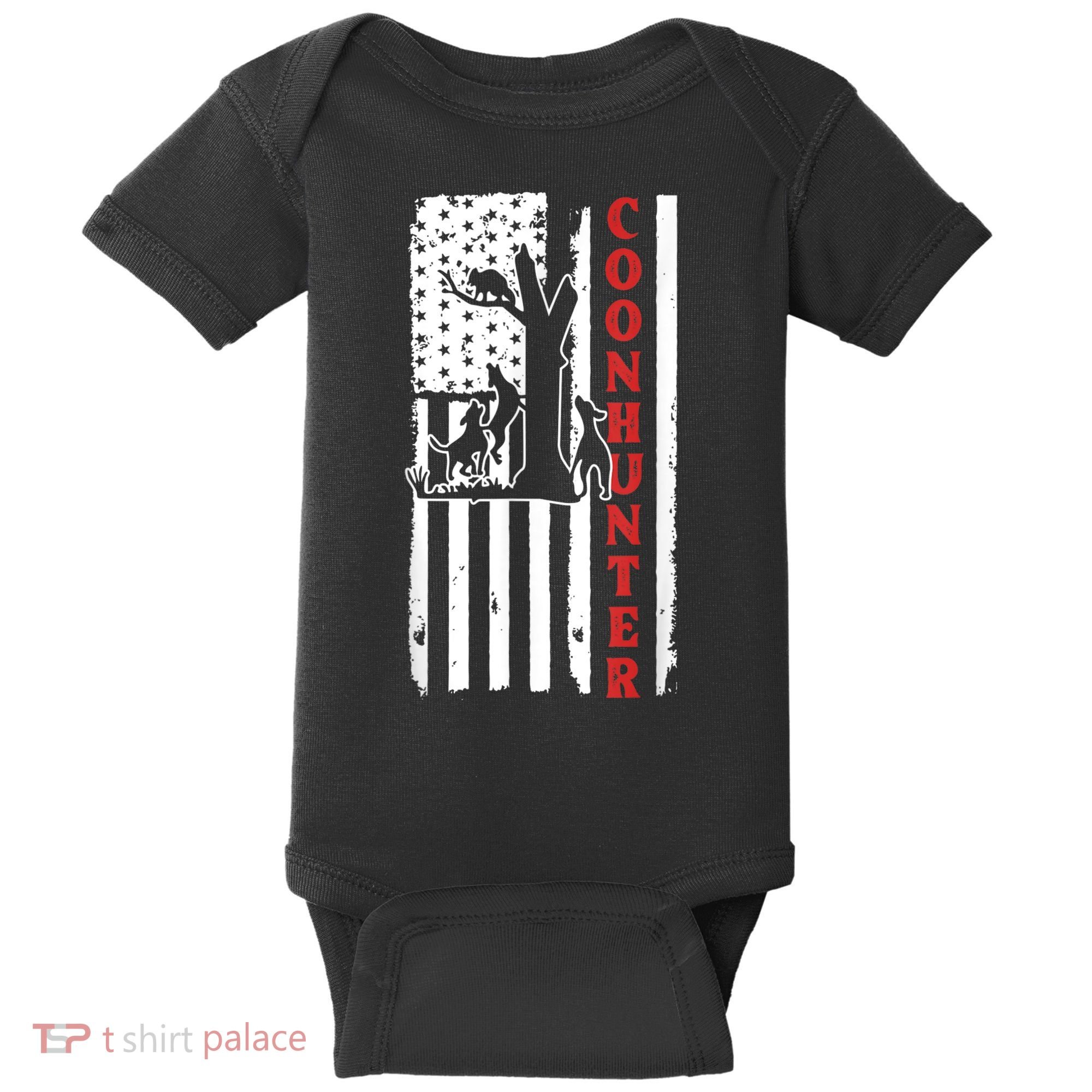 Raccoon Hunting Season USA Flag Coon Hunter Baby Bodysuit