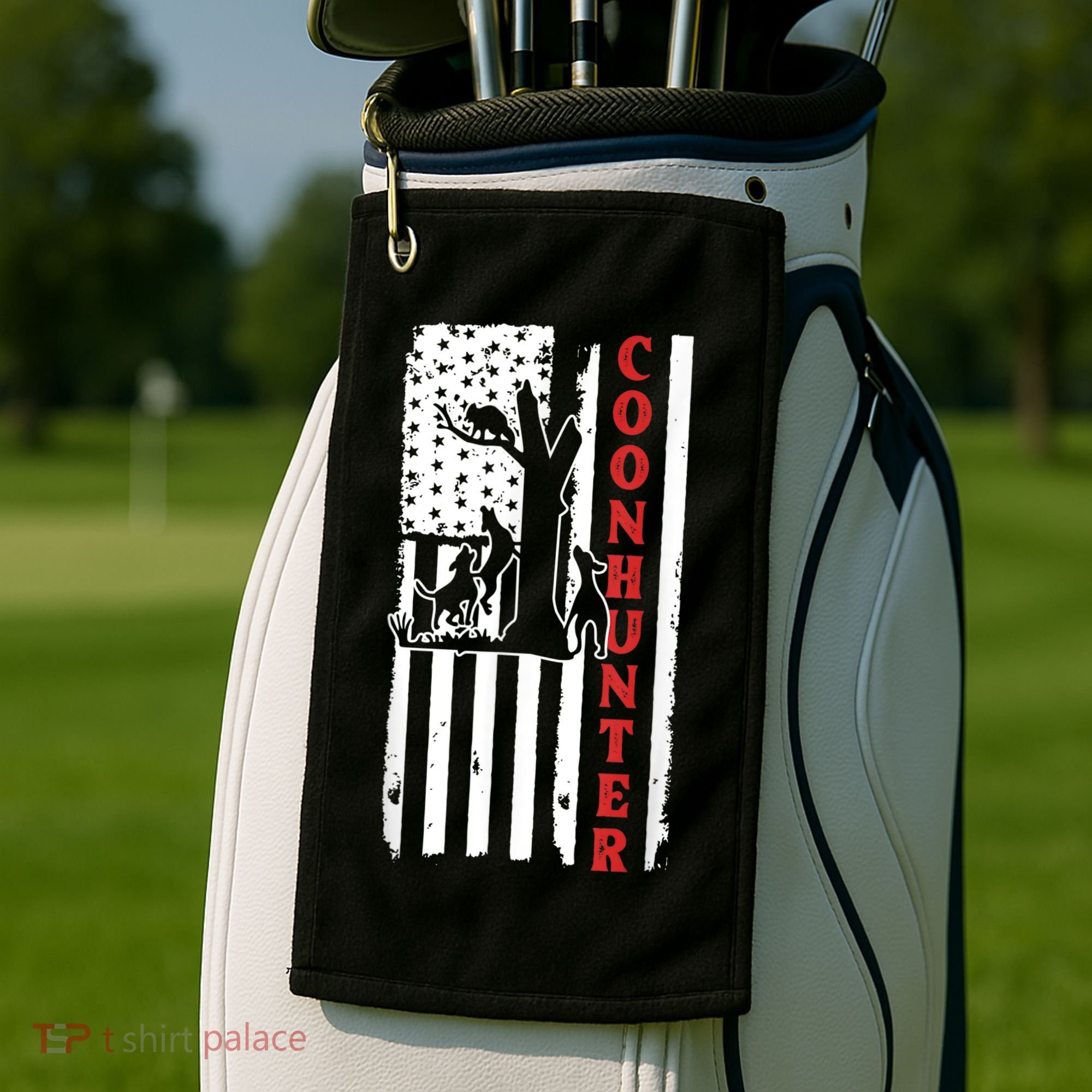 Raccoon Hunting Season USA Flag Coon Hunter Golf Towel
