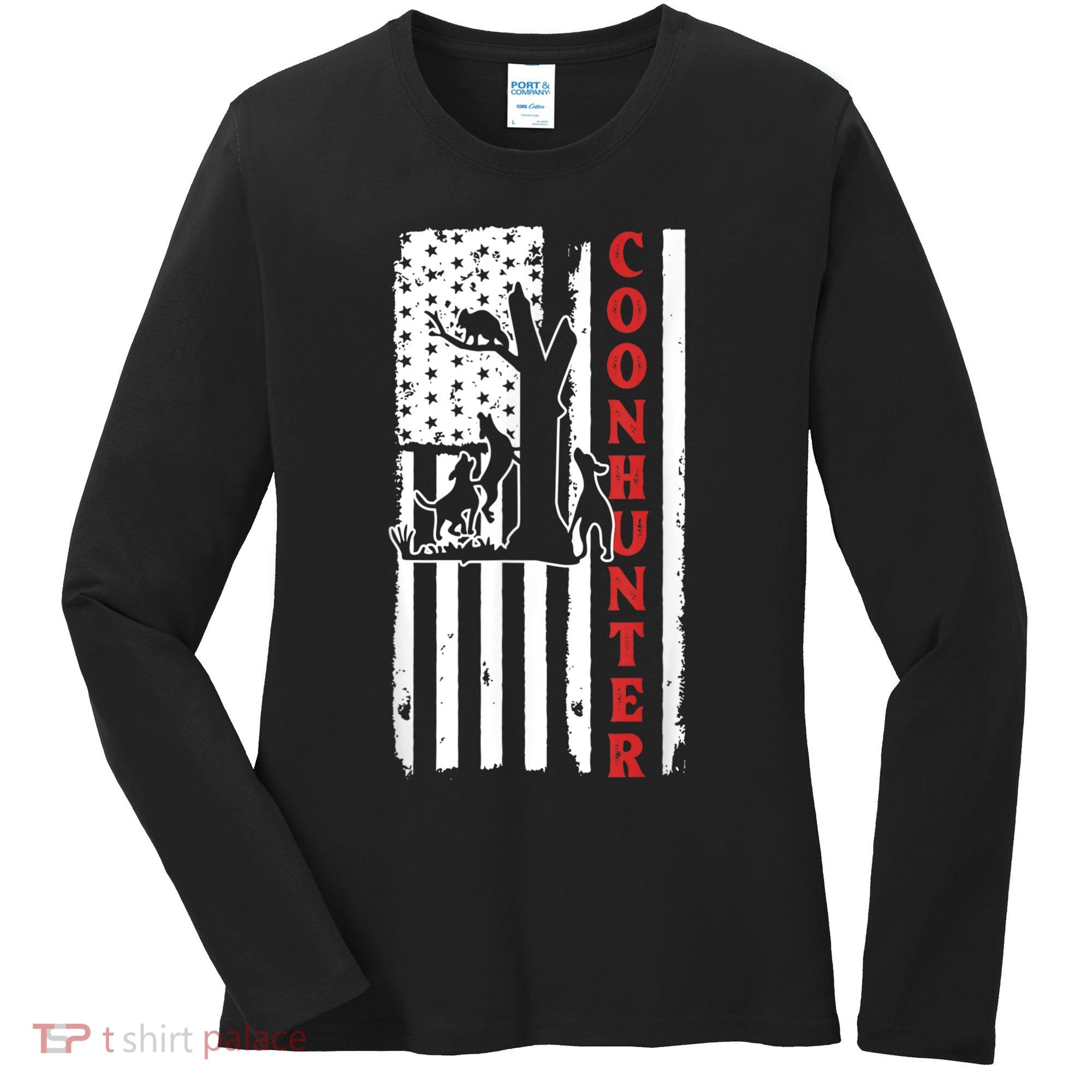 Raccoon Hunting Season USA Flag Coon Hunter Women's Long Sleeve Shirt