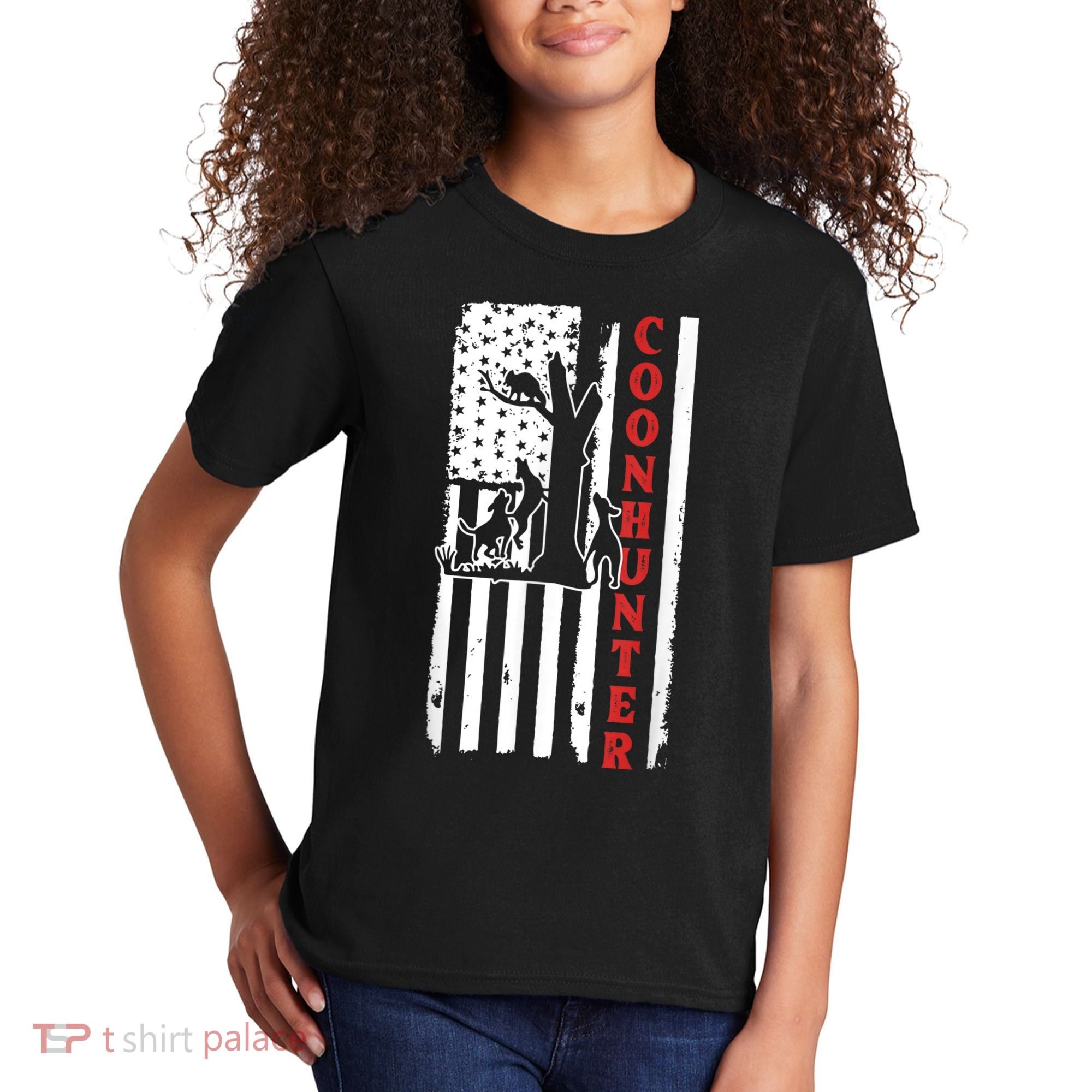 Raccoon Hunting Season USA Flag Coon Hunter Kids T-Shirt
