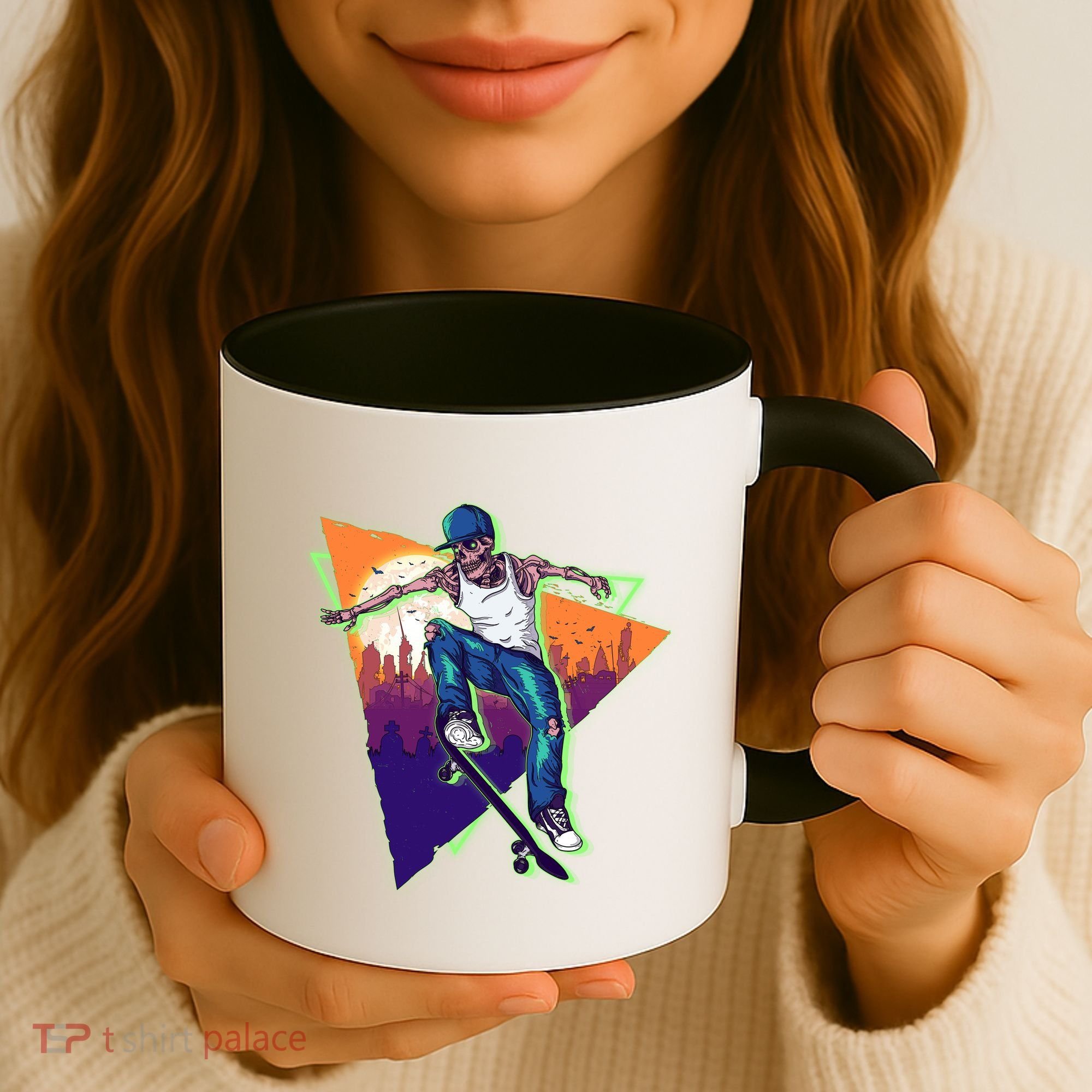 Retro Halloween Skateboarding Skater Skeleton Coffee Mug