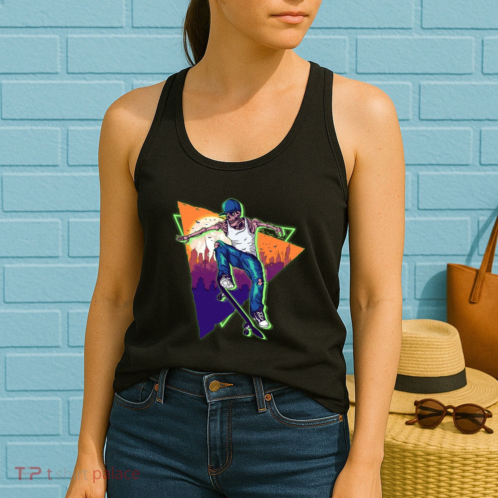Retro Halloween Skateboarding Skater Skeleton Women's Tank Top