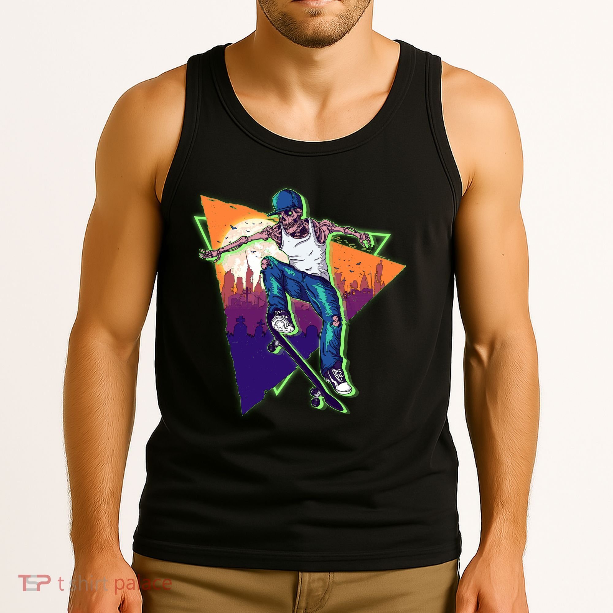 Retro Halloween Skateboarding Skater Skeleton Tank Top
