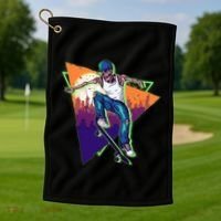 Retro Halloween Skateboarding Skater Skeleton Golf Towel thumb 1