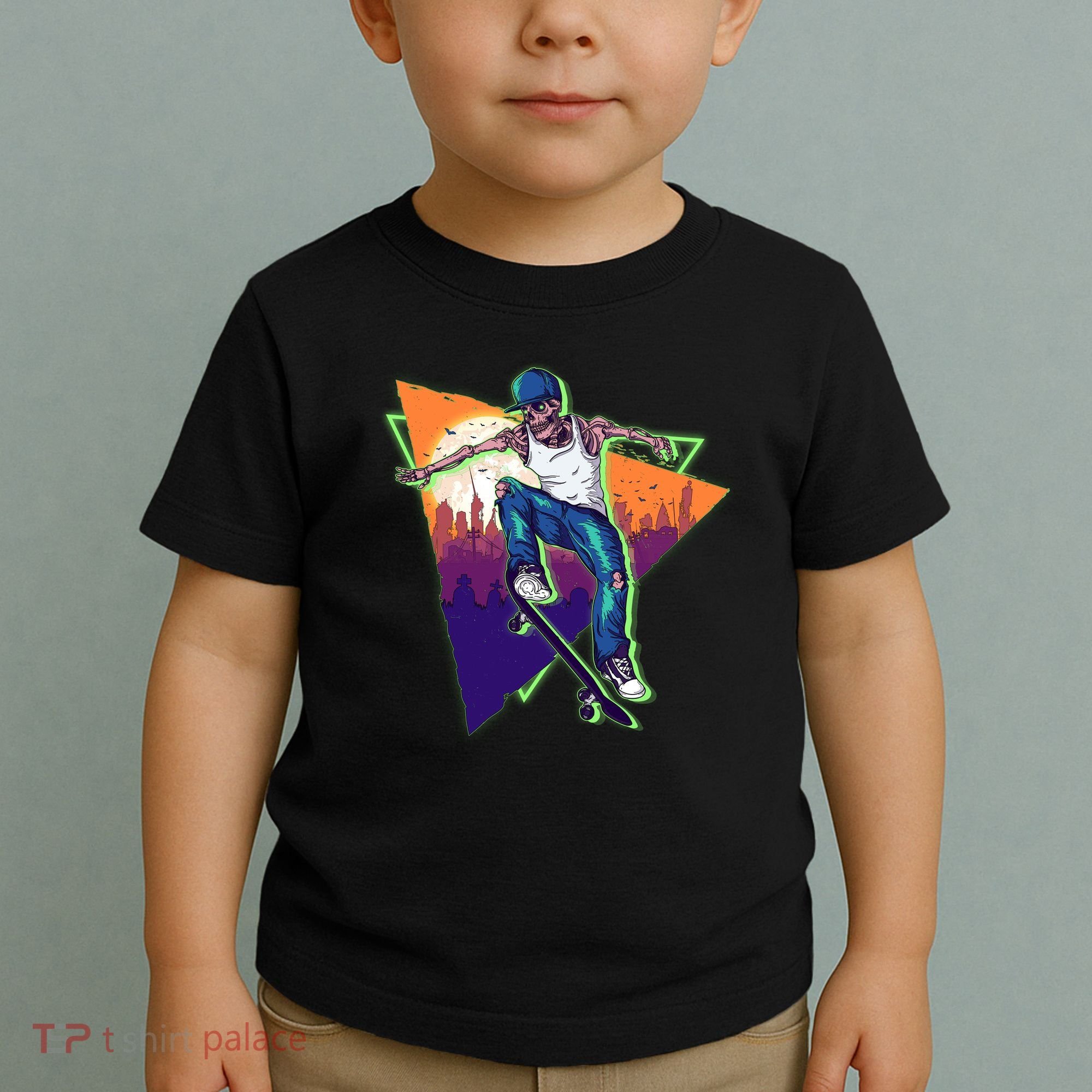Retro Halloween Skateboarding Skater Skeleton Toddler T-Shirt