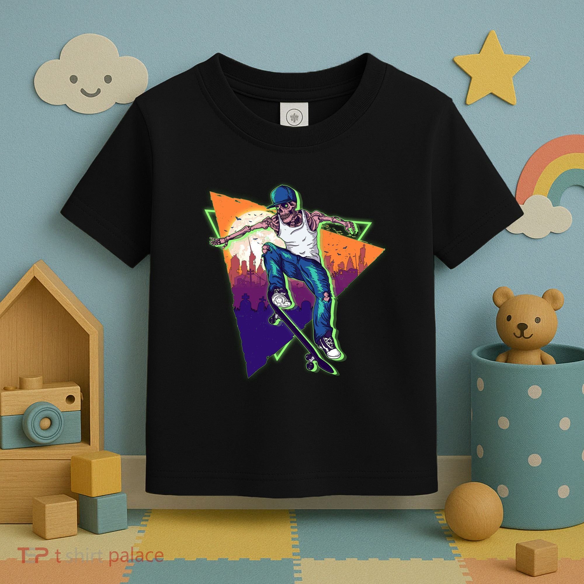 Retro Halloween Skateboarding Skater Skeleton Toddler T-Shirt