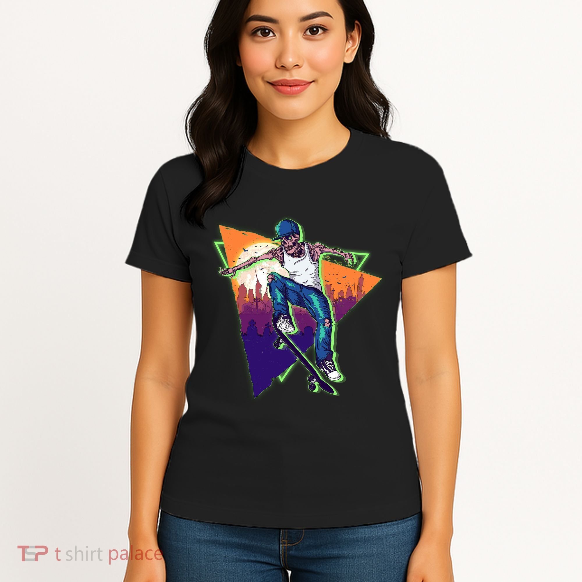 Retro Halloween Skateboarding Skater Skeleton Women's T-Shirt