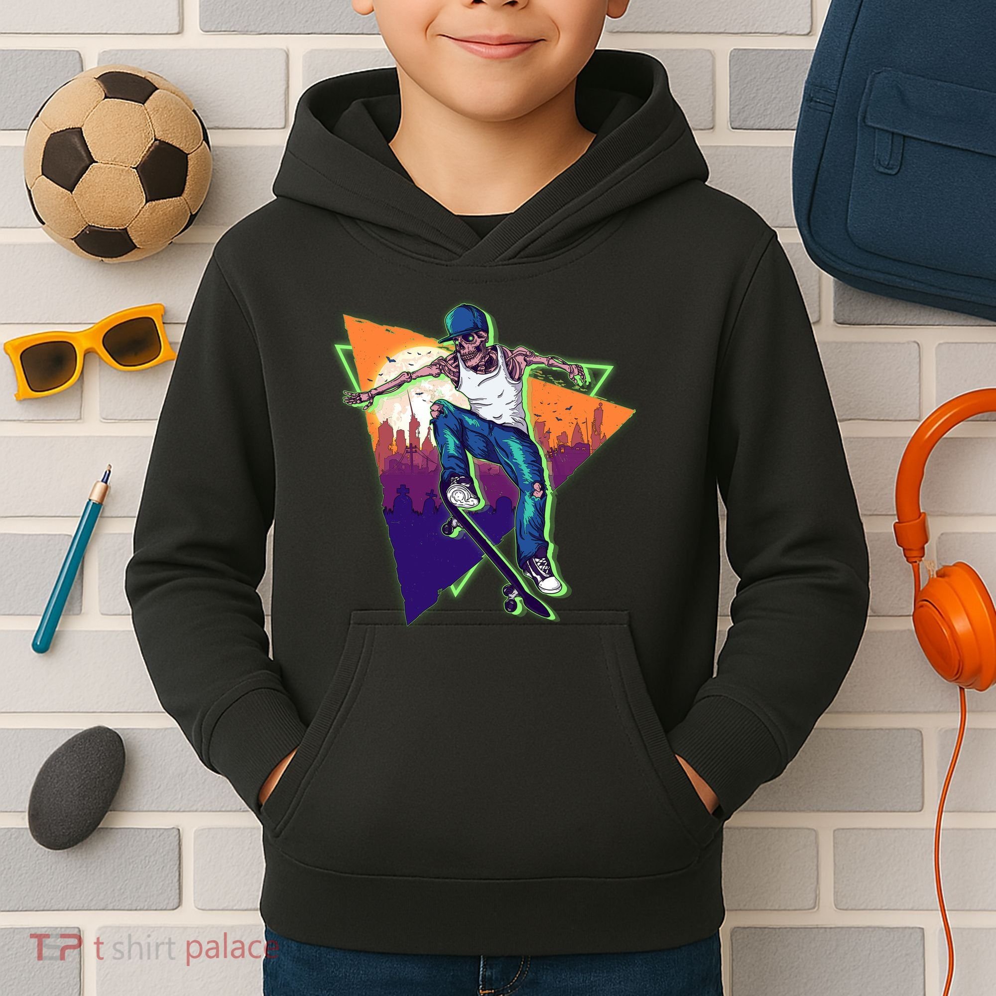 Retro Halloween Skateboarding Skater Skeleton Kids Hoodie