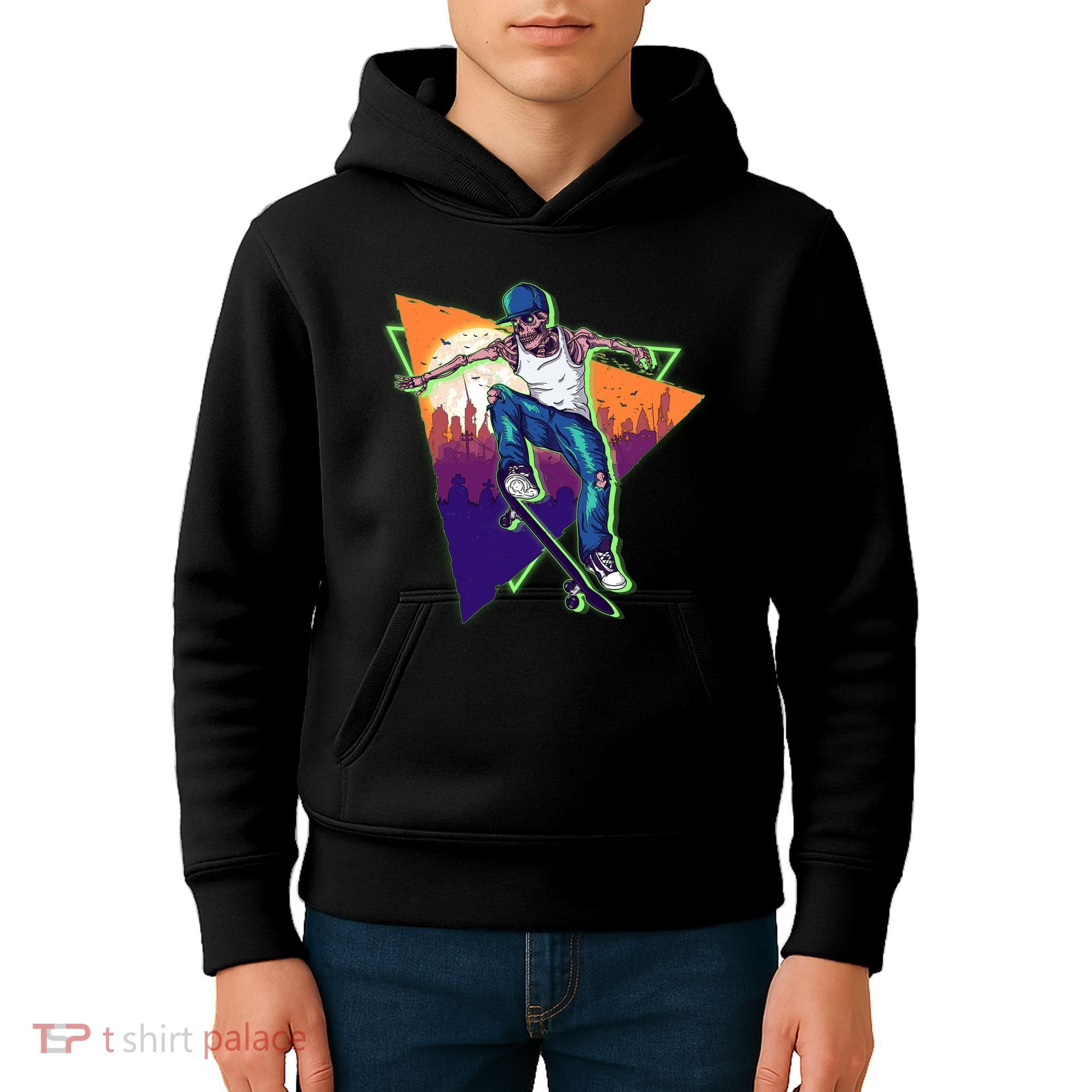 Retro Halloween Skateboarding Skater Skeleton Kids Hoodie