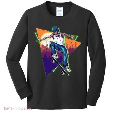 Retro Halloween Skateboarding Skater Skeleton Kids Long Sleeve Shirt