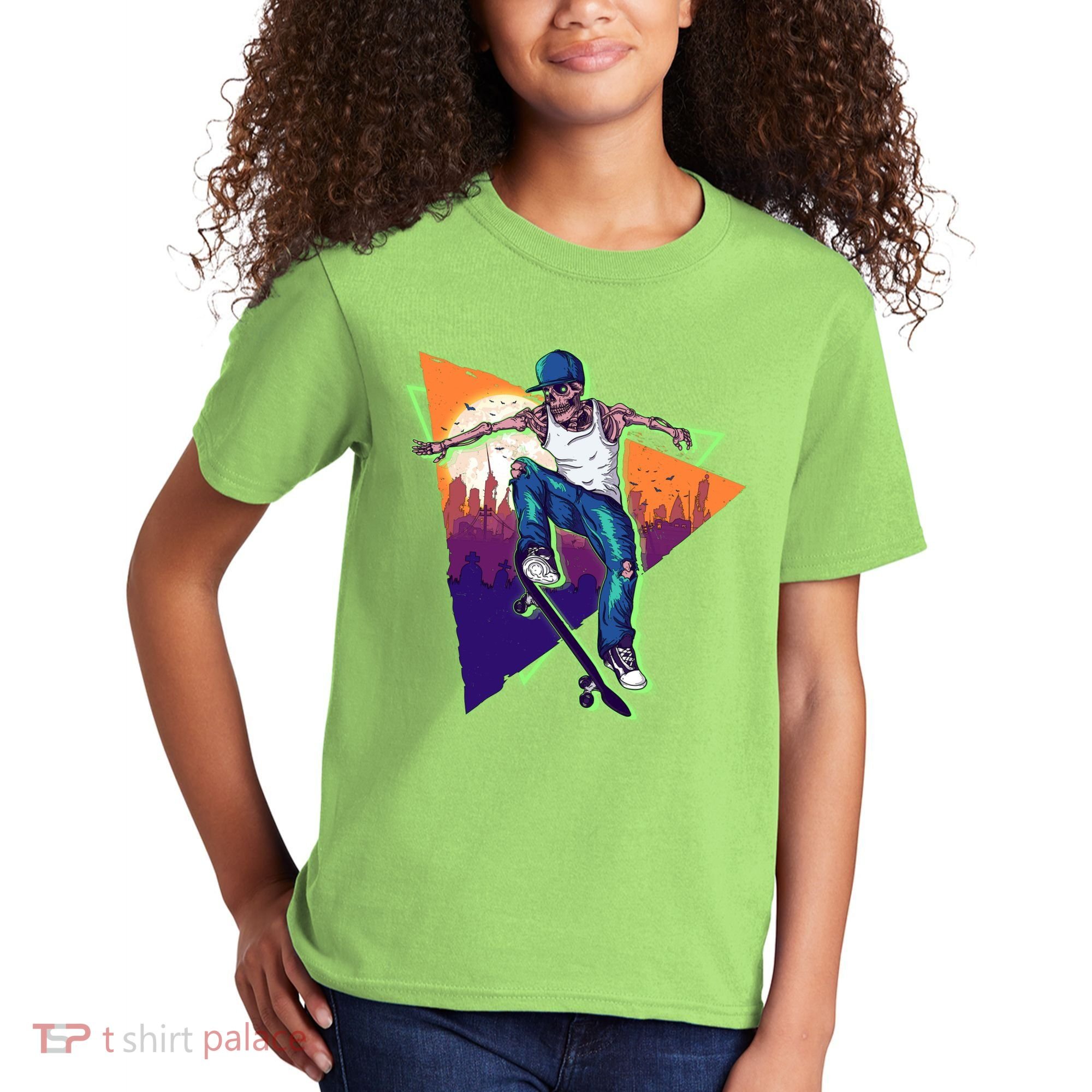 Retro Halloween Skateboarding Skater Skeleton Kids T-Shirt