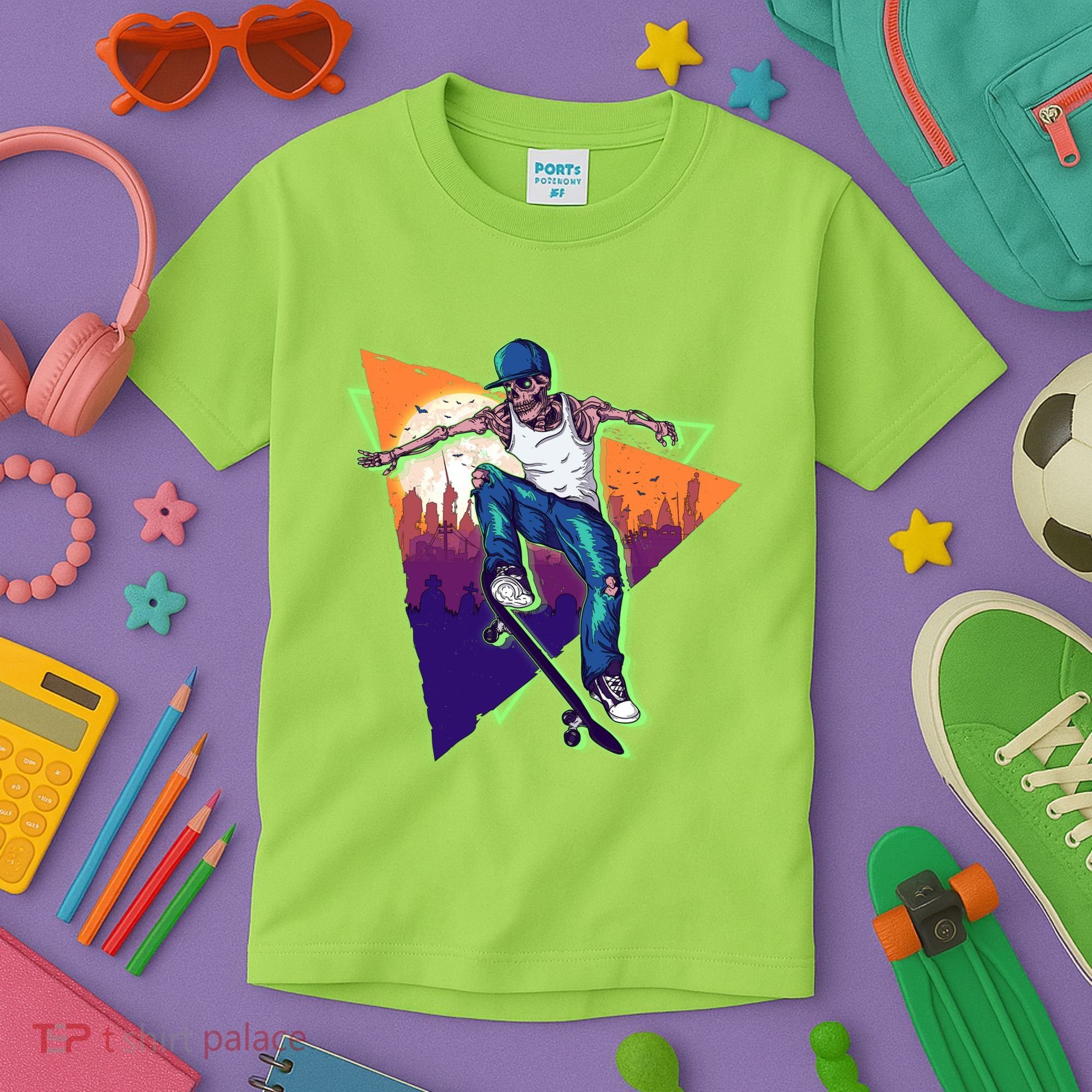 Retro Halloween Skateboarding Skater Skeleton Kids T-Shirt