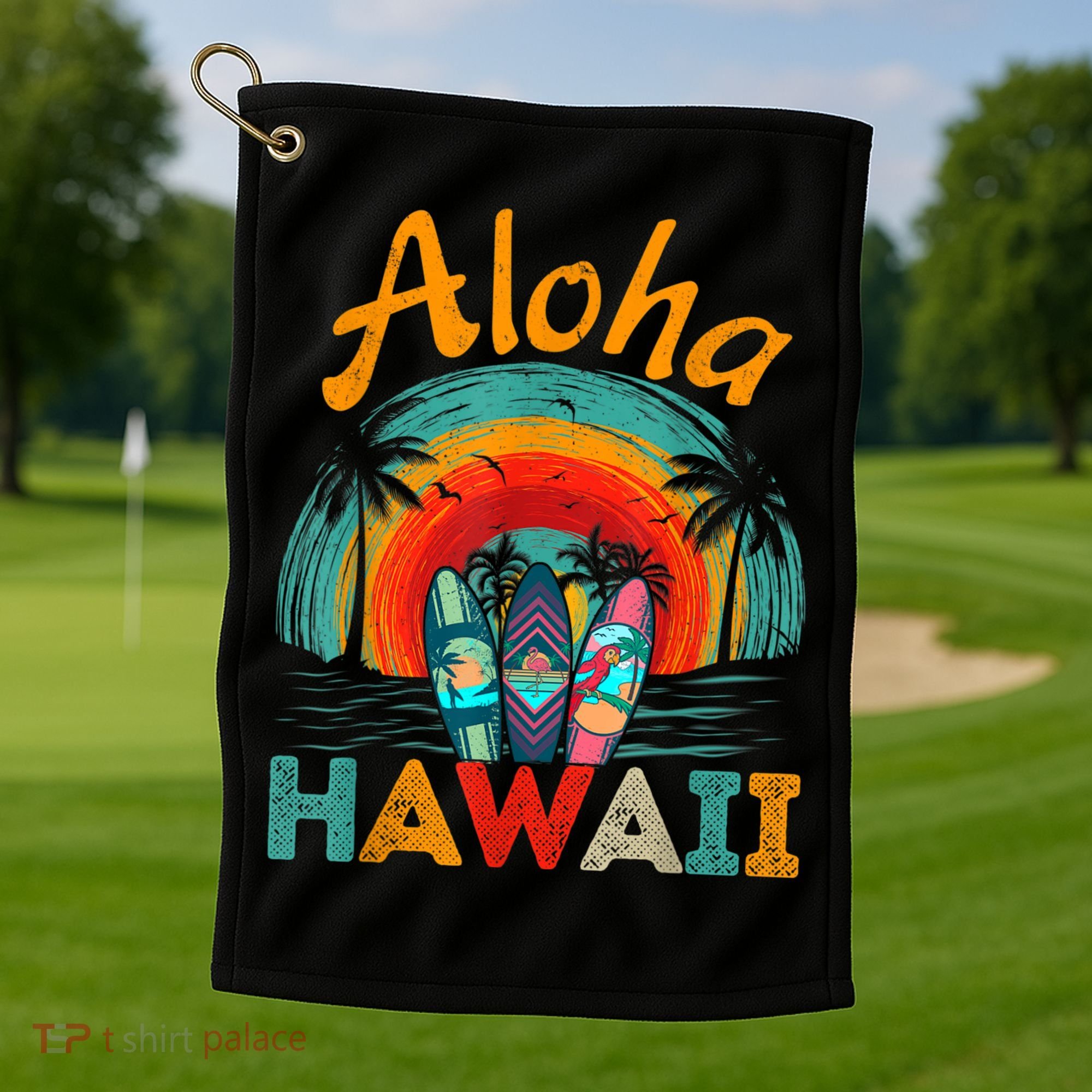 Retro Hawaiian Surfboard Aloha Hawaii Island Surfer Outfits Golf Towel