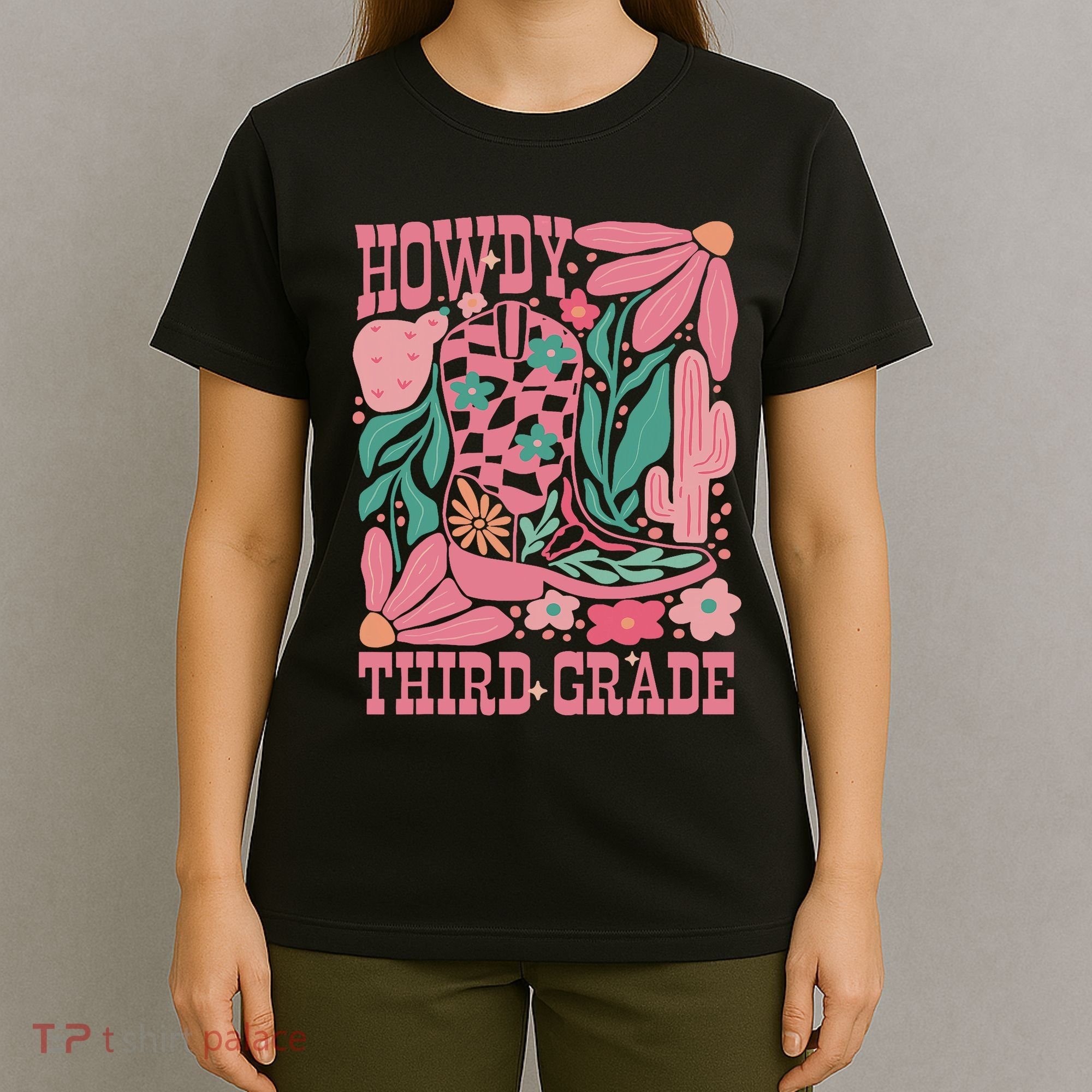 Retro Howdy Third Grade Back To School Teacher Cowgirl Boot T-Shirt