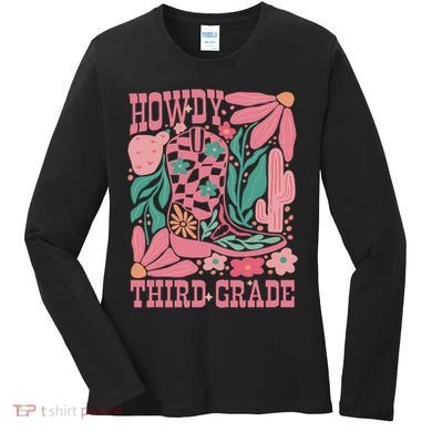 Retro Howdy Third Grade Back To School Teacher Cowgirl Boot Women's Long Sleeve Shirt