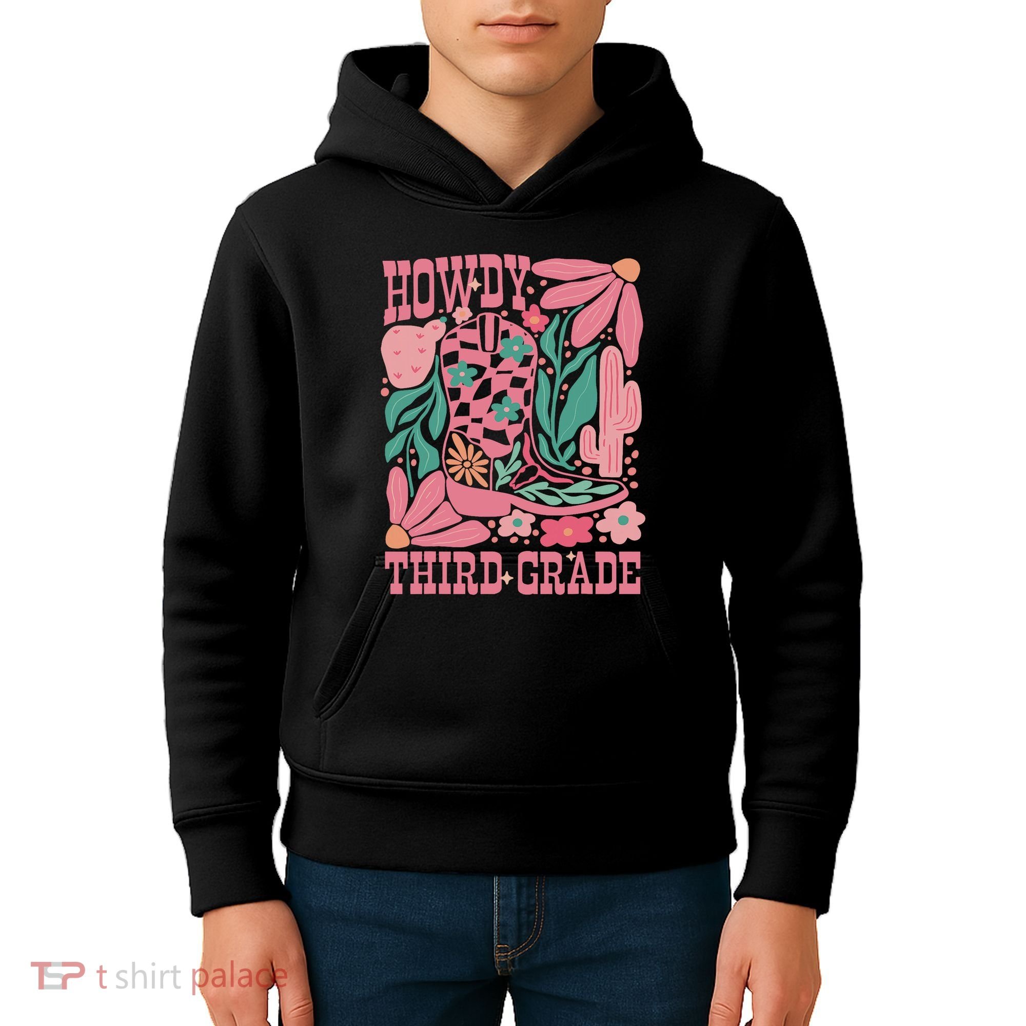Retro Howdy Third Grade Back To School Teacher Cowgirl Boot Kids Hoodie