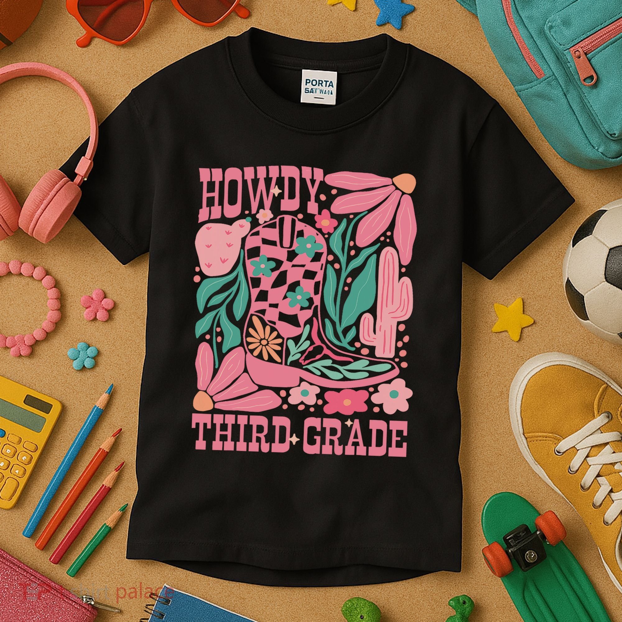 Retro Howdy Third Grade Back To School Teacher Cowgirl Boot Kids T-Shirt