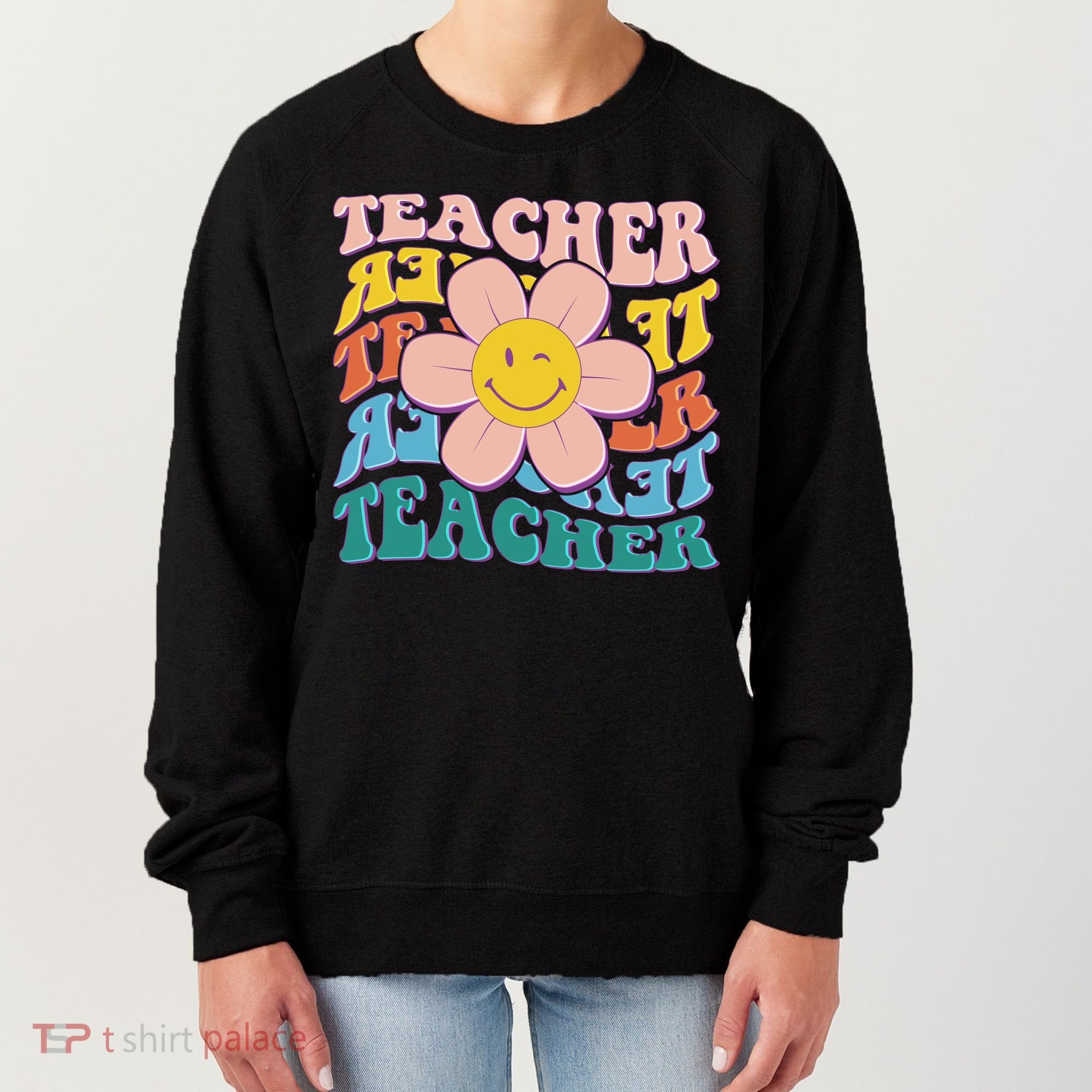Retro Hippie Teacher Flower Smiley Emoji Women's Sweatshirt