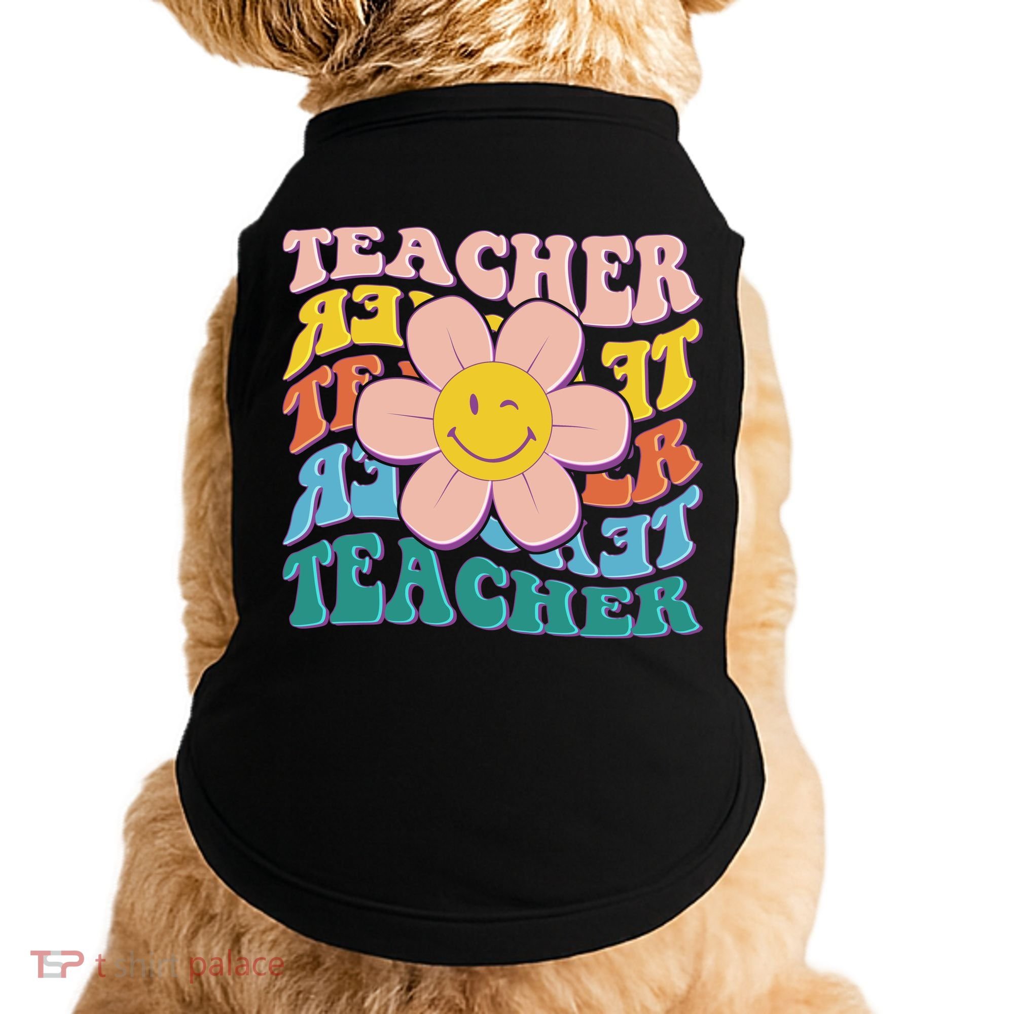 Retro Hippie Teacher Flower Smiley Emoji Doggie Tank