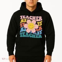 Retro Hippie Teacher Flower Smiley Emoji Hoodie thumb 2