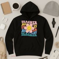 Retro Hippie Teacher Flower Smiley Emoji Hoodie thumb 3