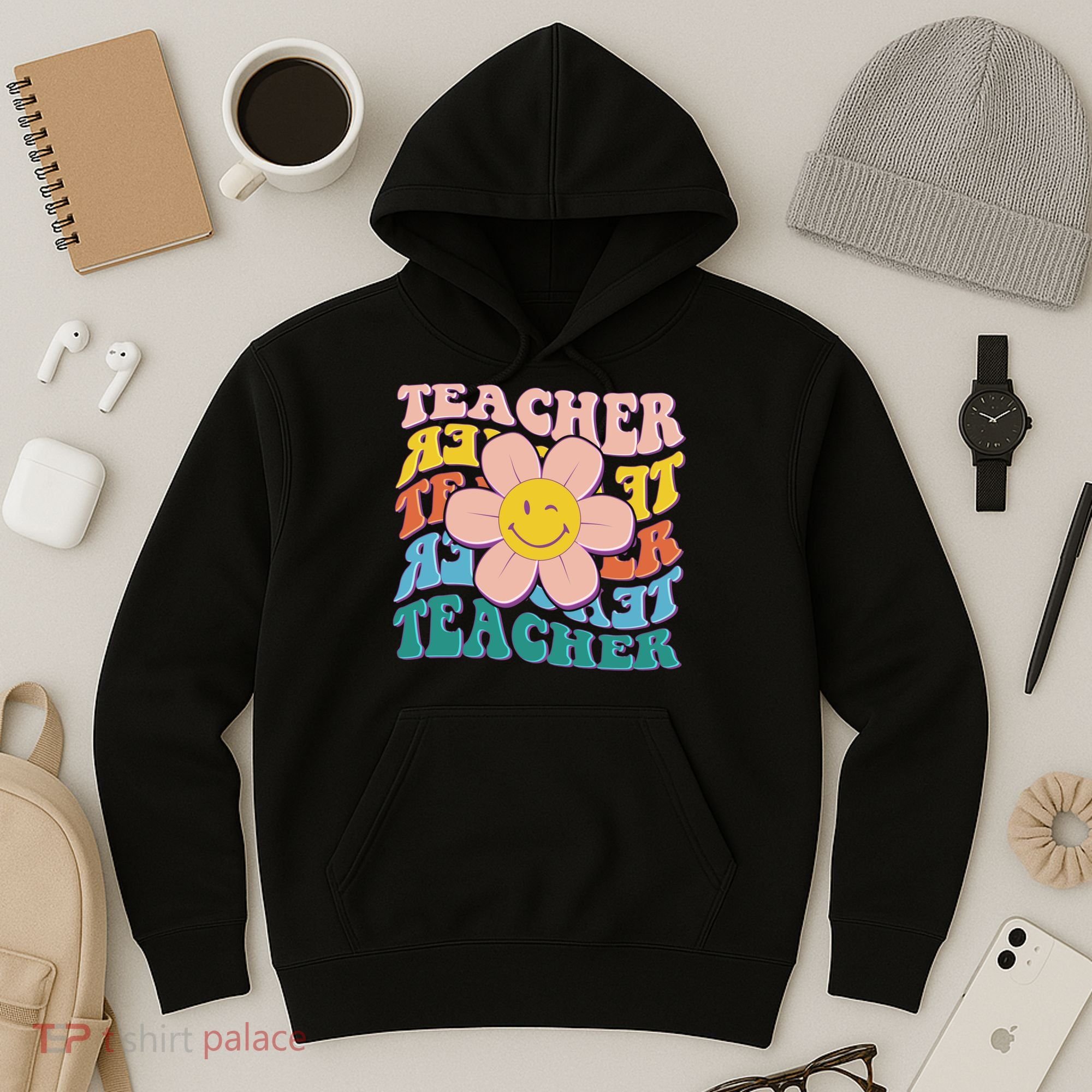 Retro Hippie Teacher Flower Smiley Emoji Hoodie