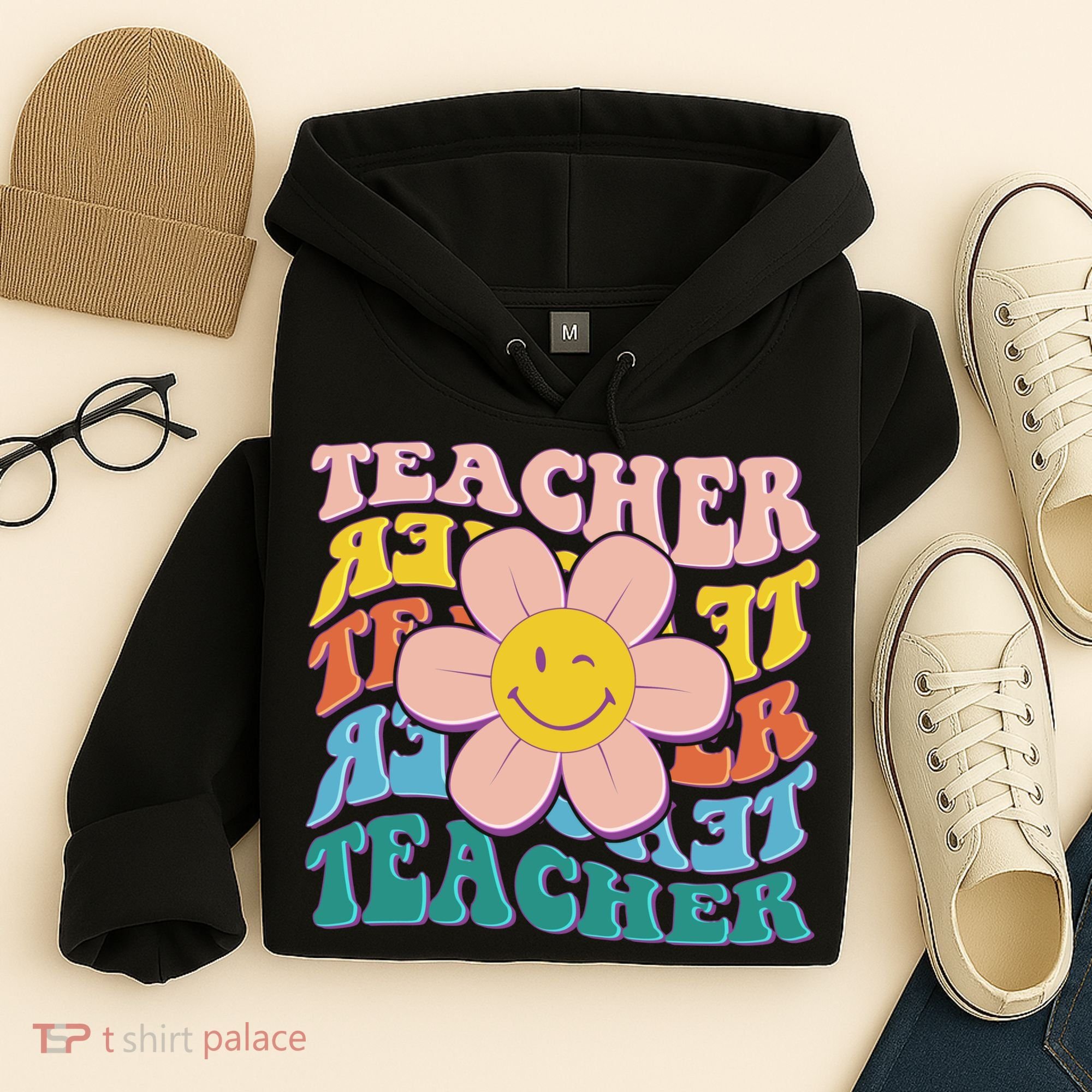 Retro Hippie Teacher Flower Smiley Emoji Hoodie