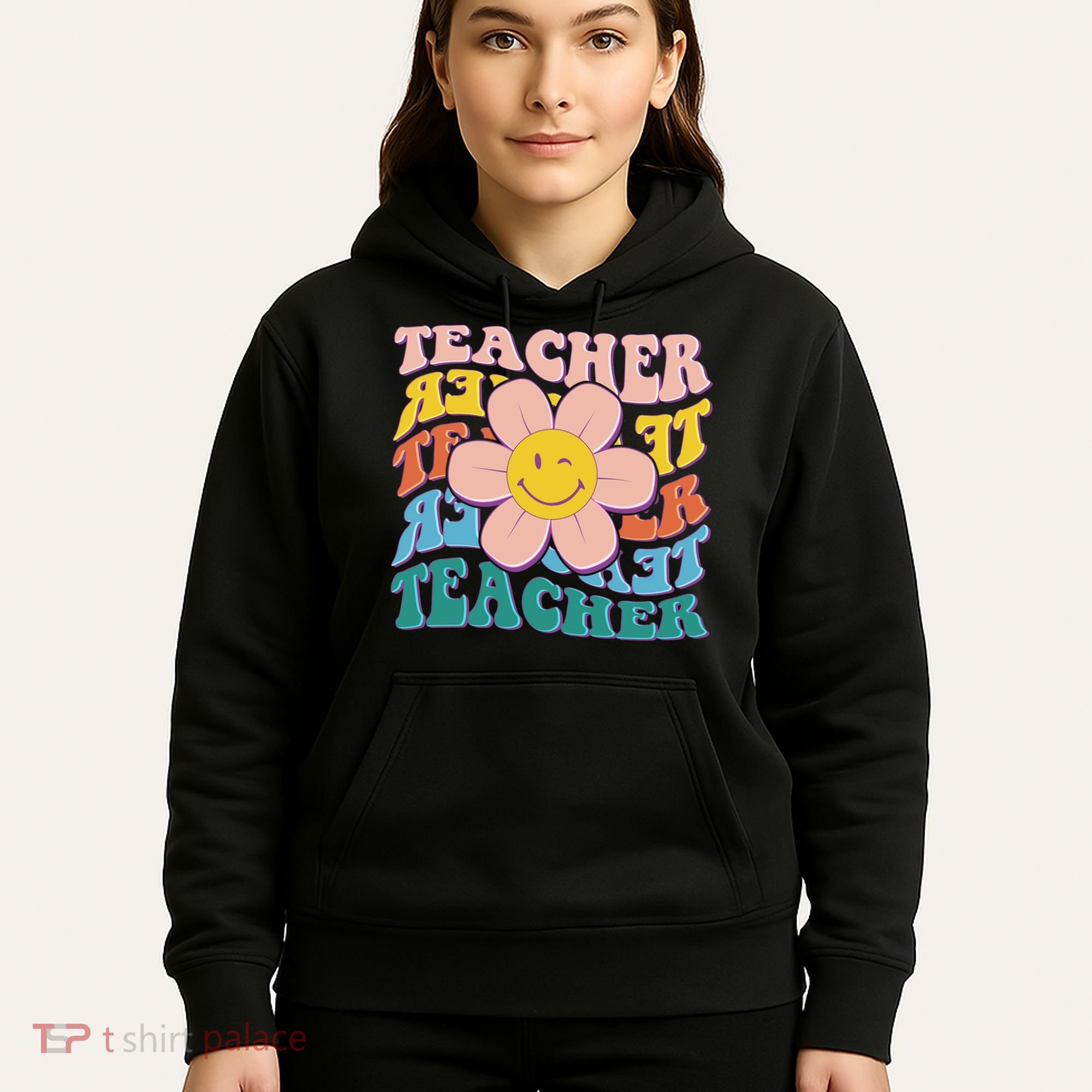 Retro Hippie Teacher Flower Smiley Emoji Hoodie